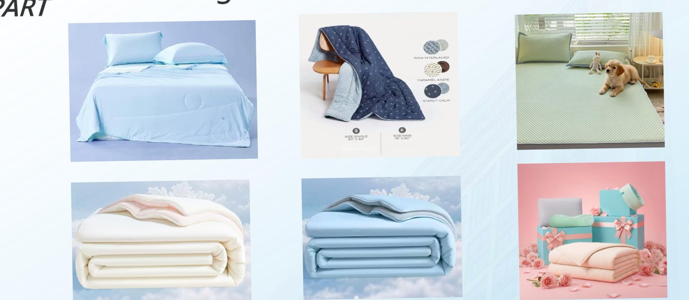 Cooling comforter sets, blankets and quilts from the WISH TEXTILE product display