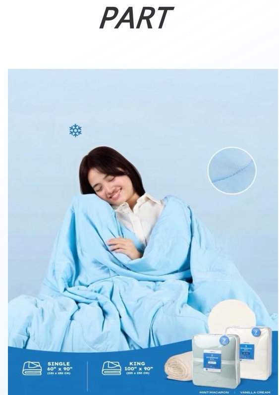 Model wrapped in a light blue cooling comforter from the WISH TEXTILE collection