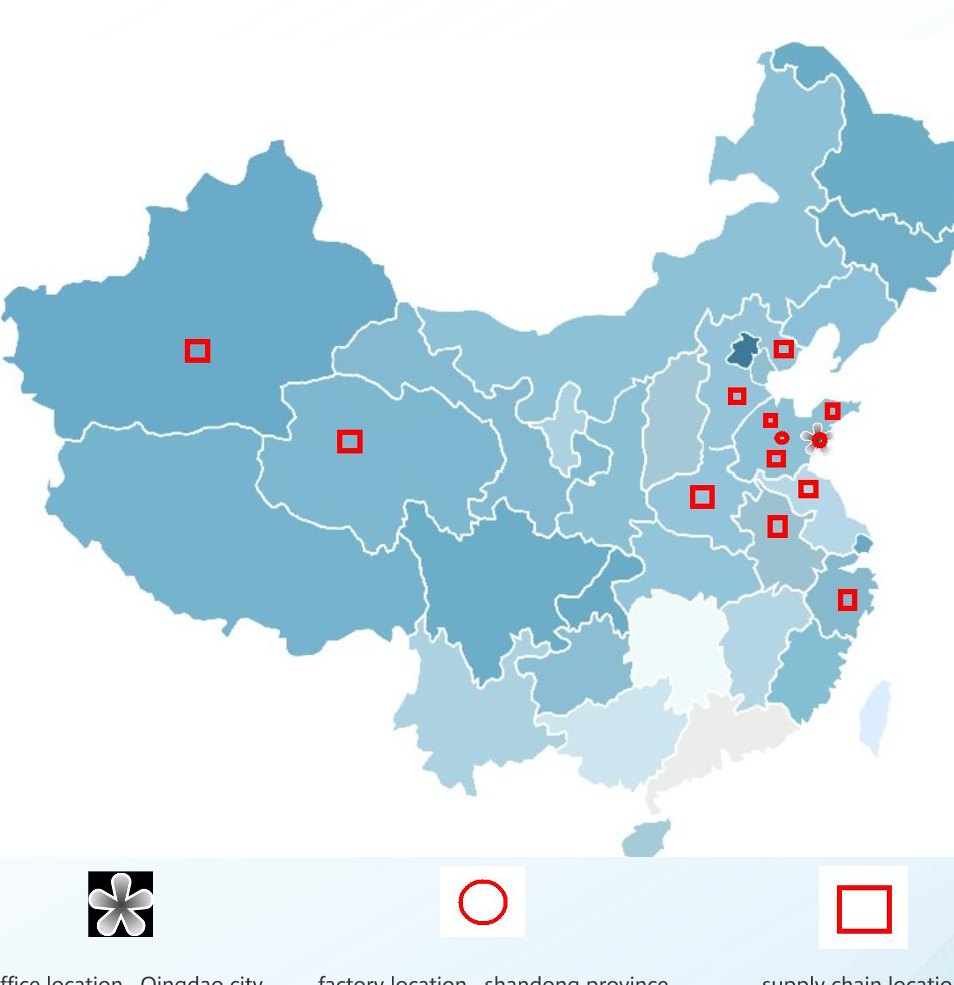 Map of China showing the Qingdao office, Shandong factory and supply chain locations
